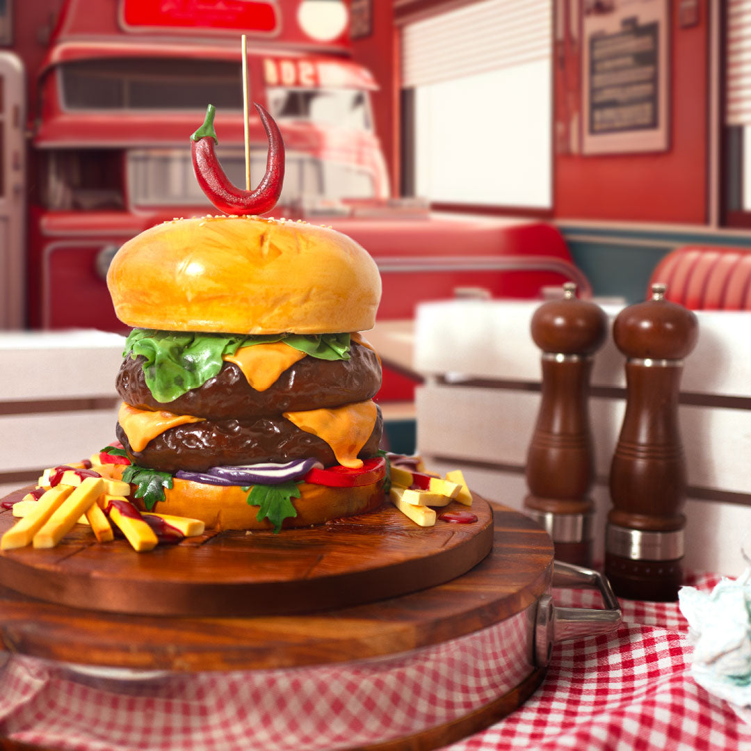 Novelty Burger cake with all the trimmings including cheese, lettuce, red onions and chips, sandwiched between a sesame seeded bun