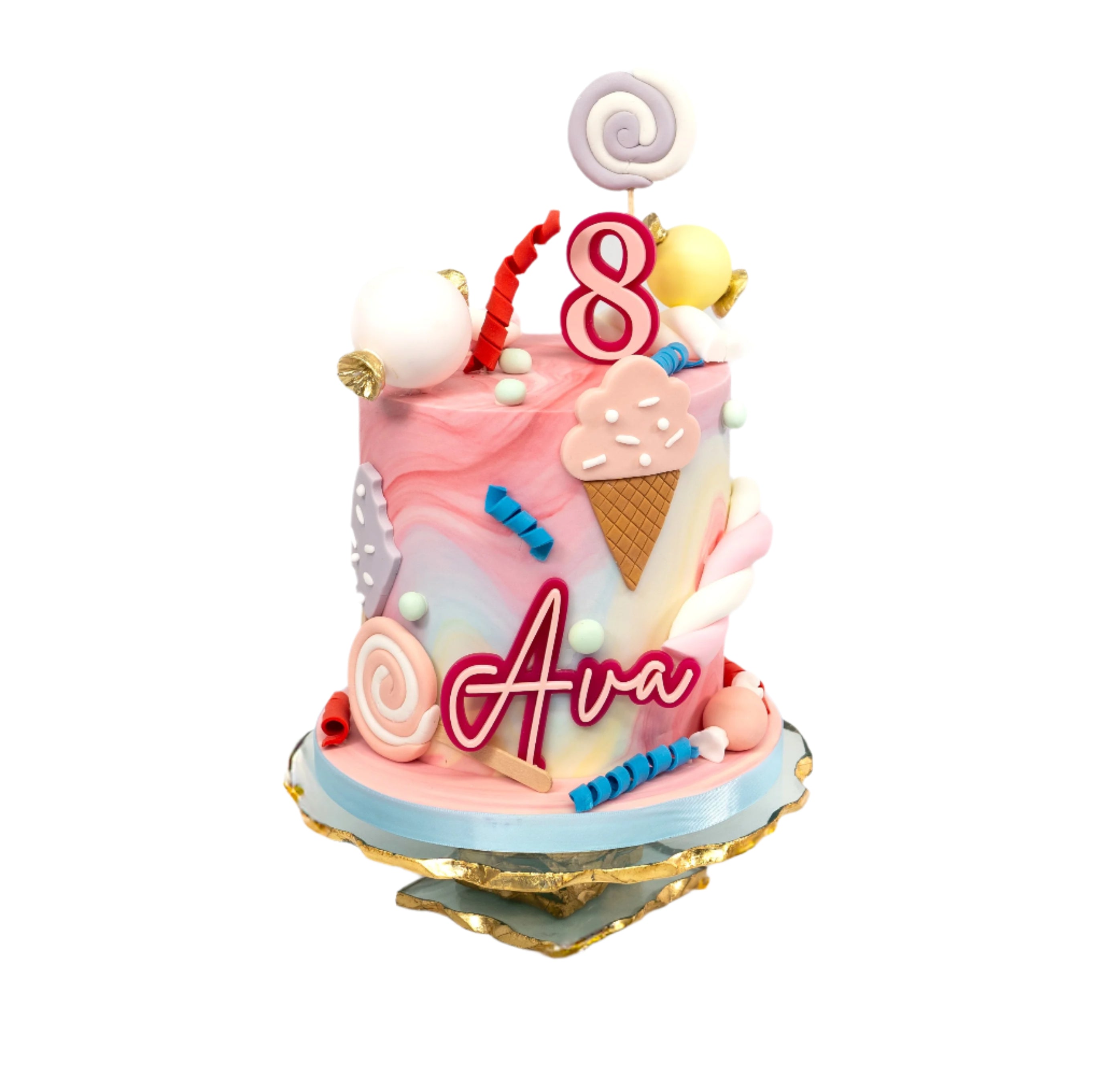 A whimsical Candyland-themed cake with pastel swirls, edible ice cream cones, lollipops, candy twists, and a personalised name plaque and age topper — the perfect centrepiece for any celebration.