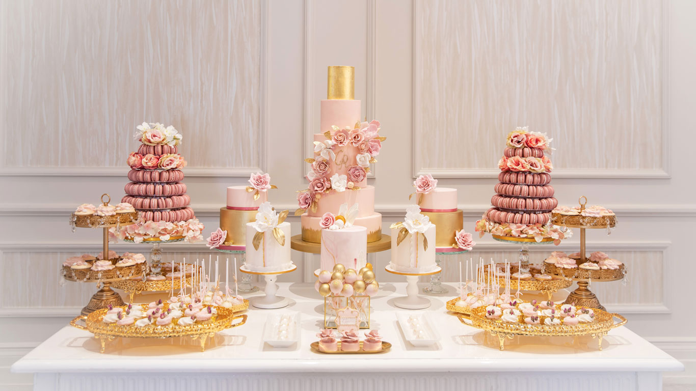 blush pink and gold luxury wedding cake dessert station gc couture gordon ramsay