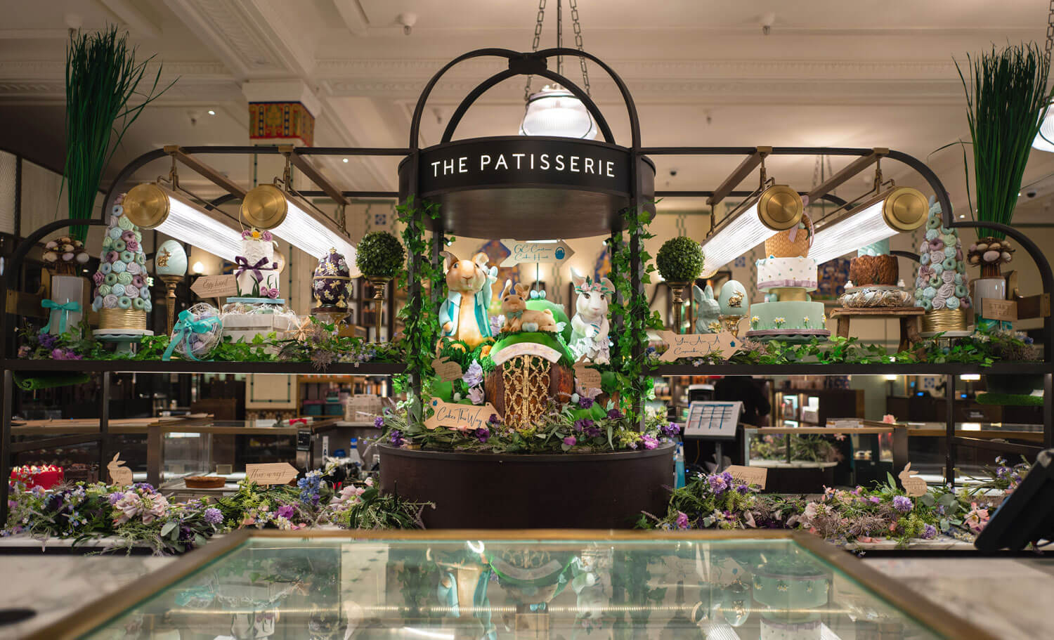 a stunning easter cake display at harrods food hall