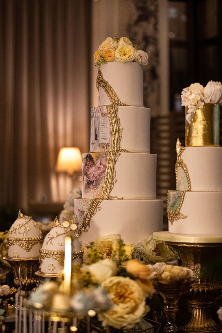 stunning five tier wedding cakes hand painted for event at the palm court kimpton fitzroy 