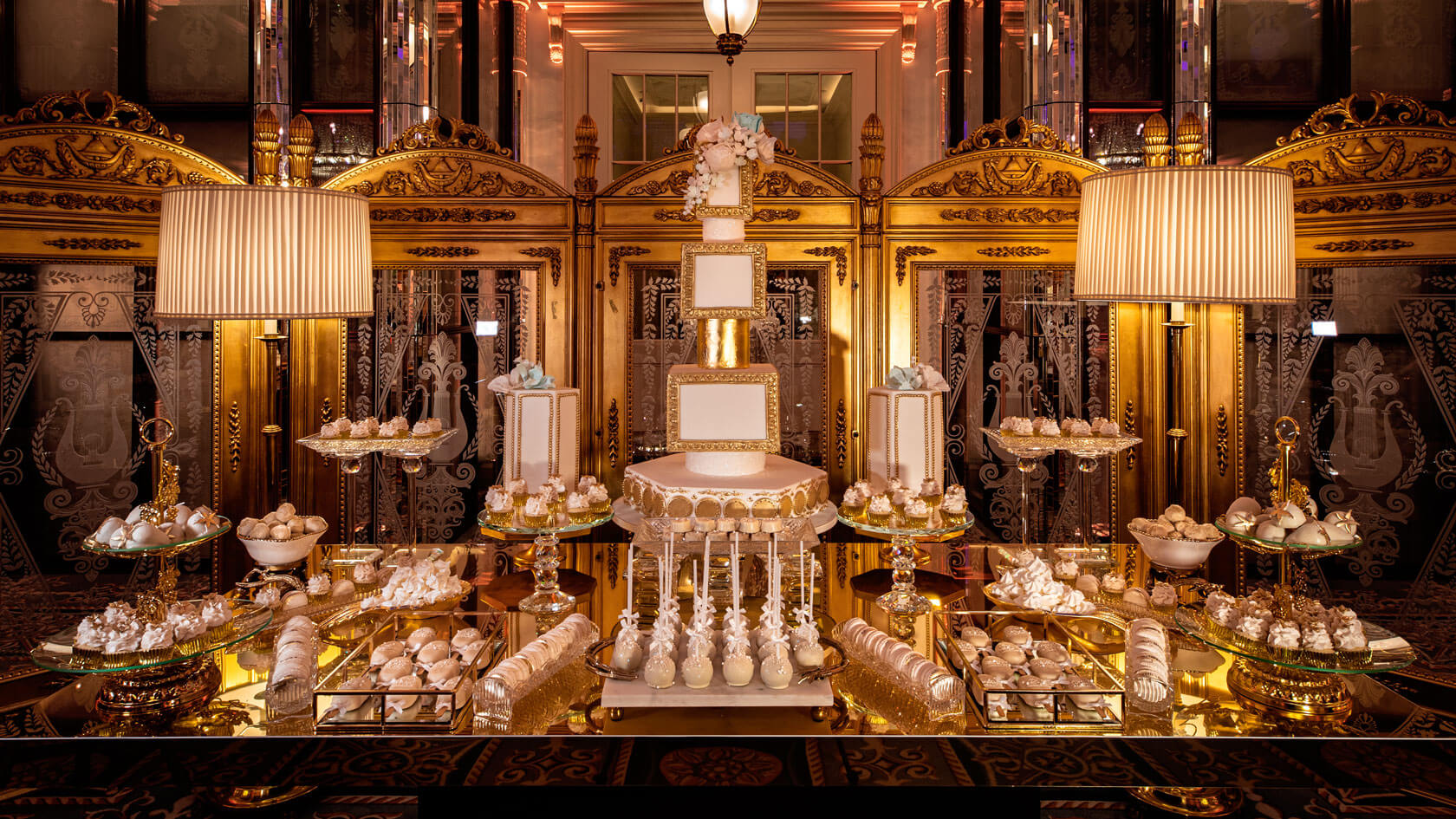 luxury desert station with cakes and sweet treats designed for a private event at the lanesborough in london