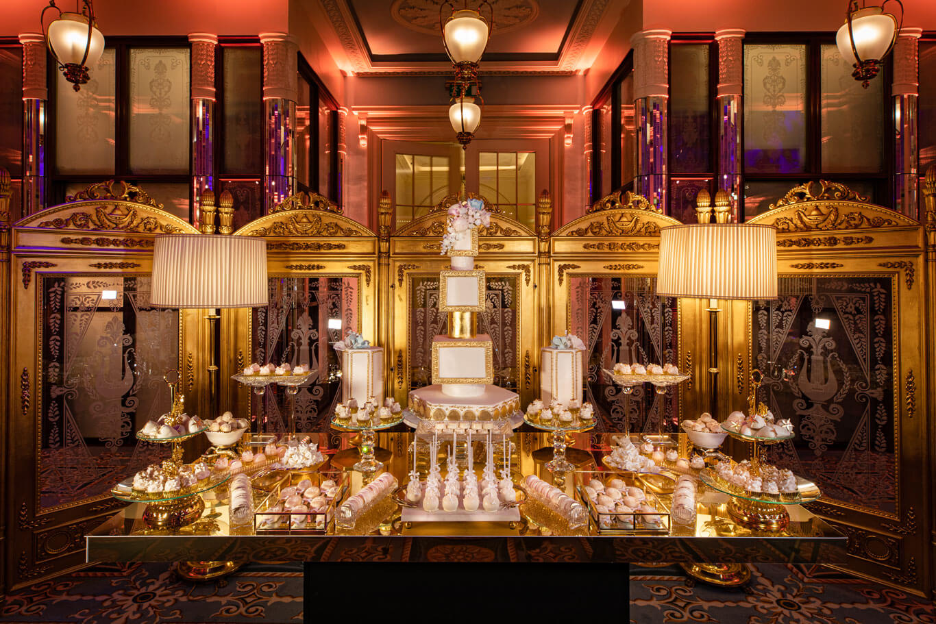 luxury desert bar with cakes and sweet treats designed for an exclusive event at the lanesborough in london