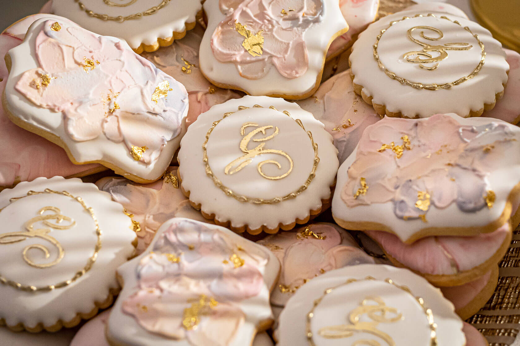 luxury personalised cookies in gold and white