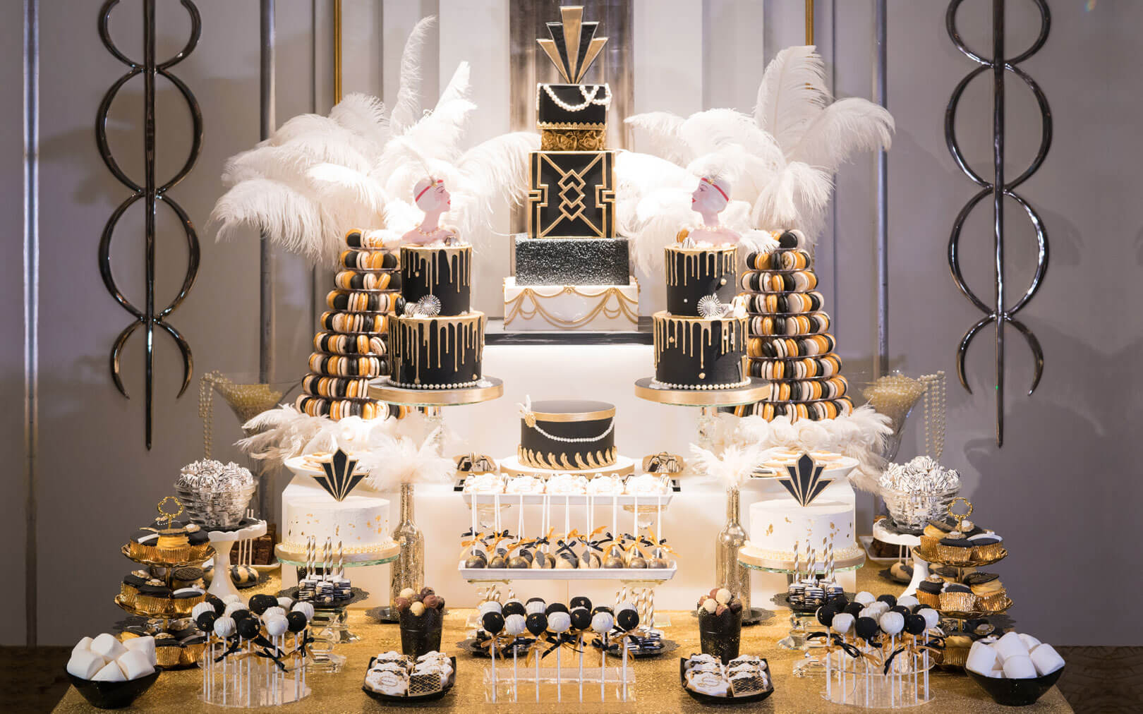 luxurious dessert table inspired by great gatsby art deco black gold