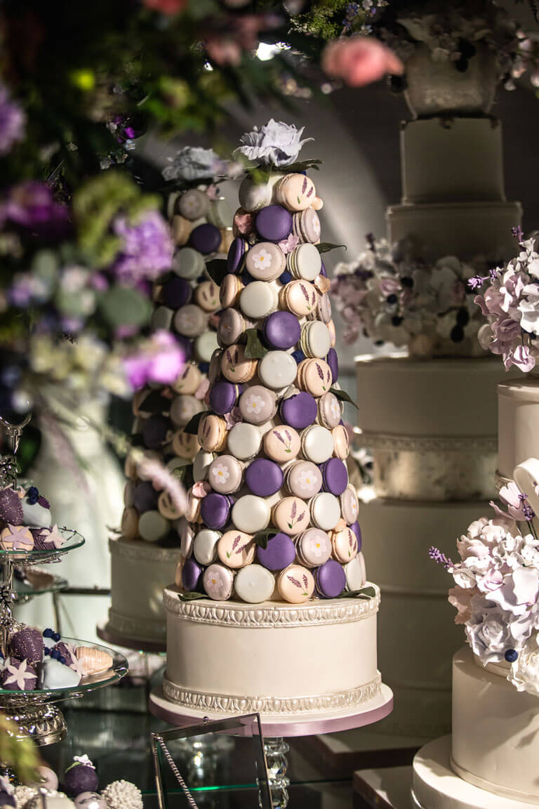 purple and lilac tower of luxury macarons made for a wedding