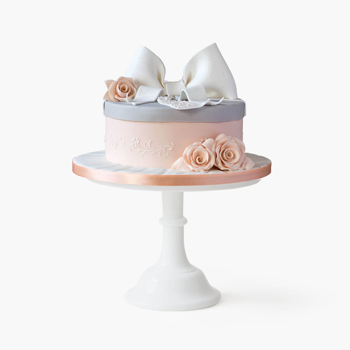 Luxury blush pink and grey bow cake with edible fondant personalised gift tag and handmade roses