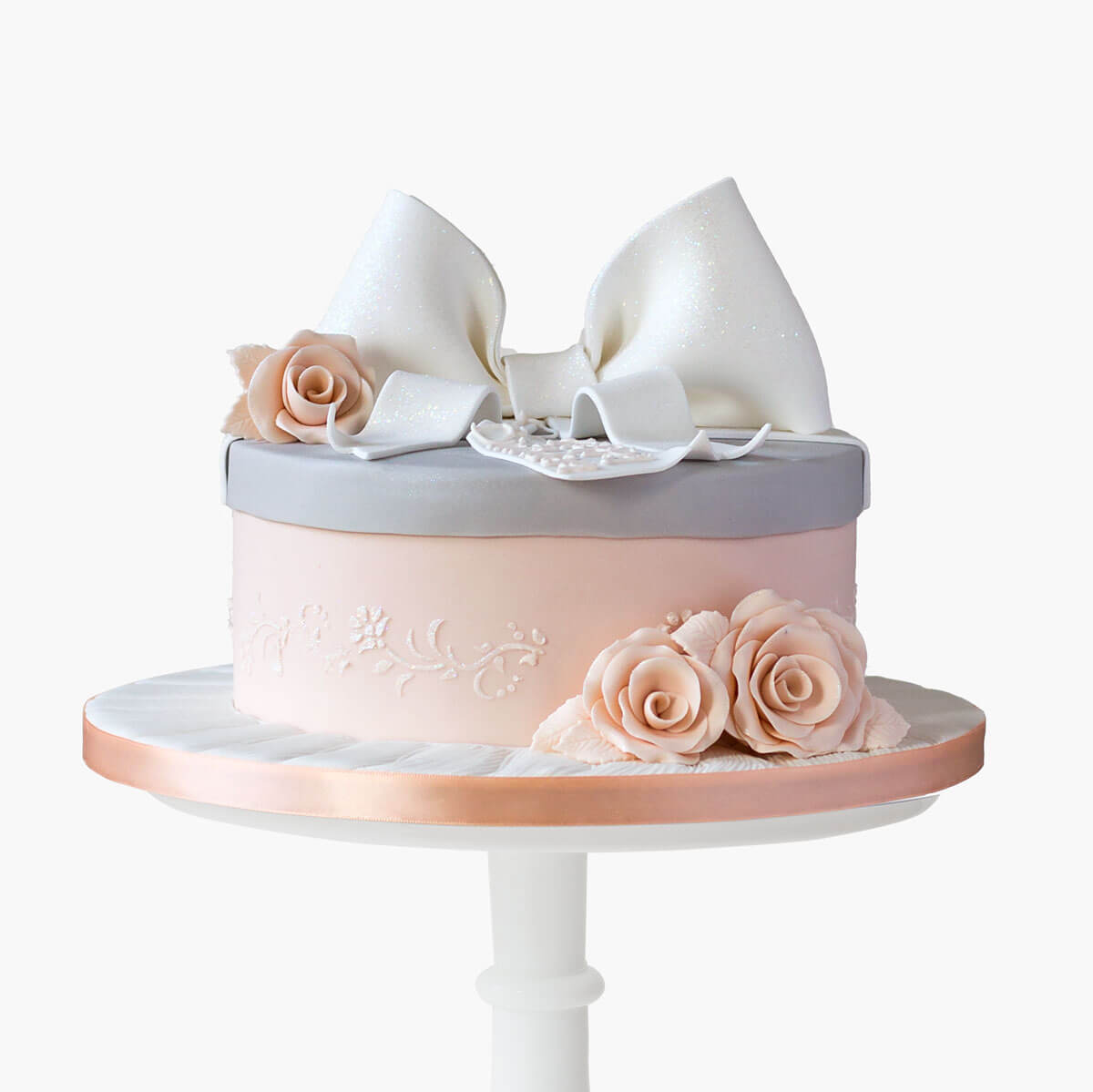 Luxury blush pink and grey bow cake with edible fondant personalised gift tag and handmade roses